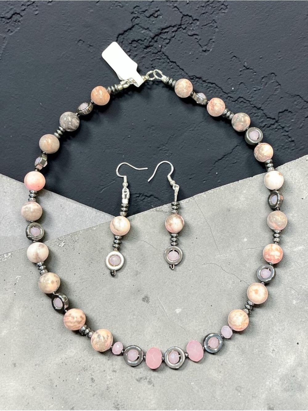 Handmade Natural Zebra Jasper, Hematite & Rose Quartz Jewelry Set